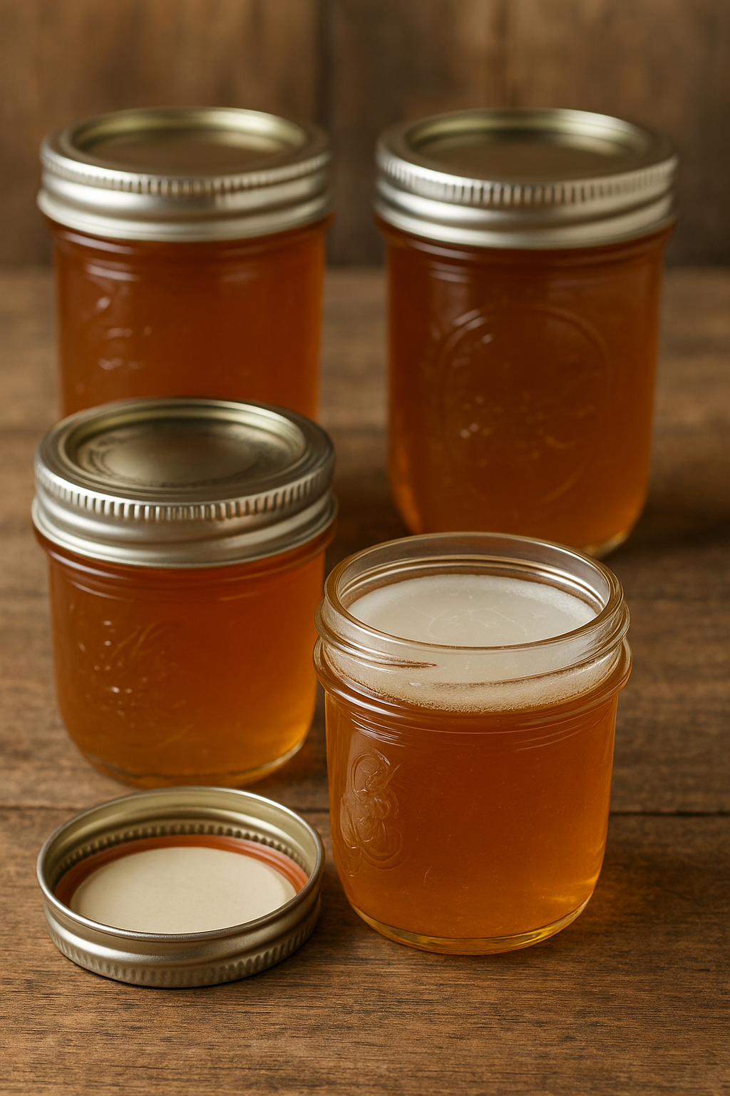 Jars of apple cider jelly cooling on the counter