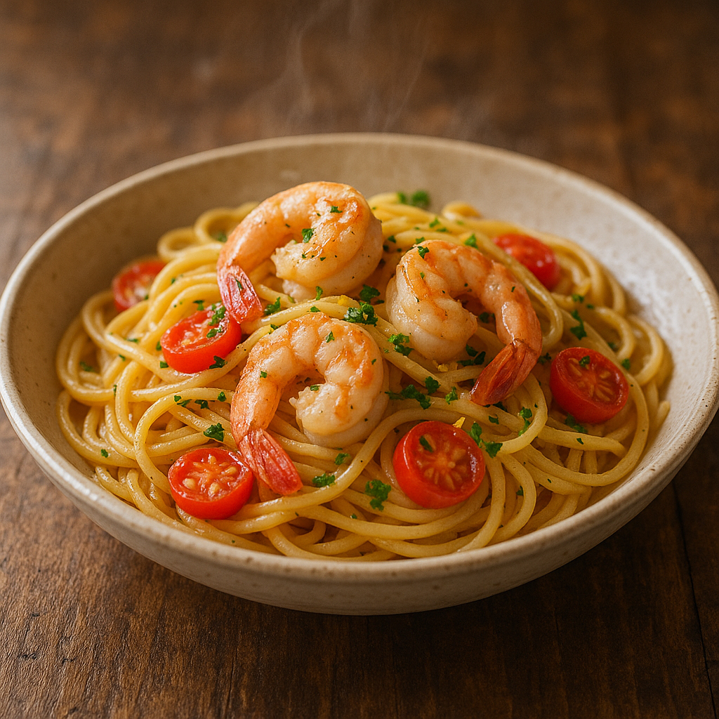 Skillet of garlic butter shrimp over pasta